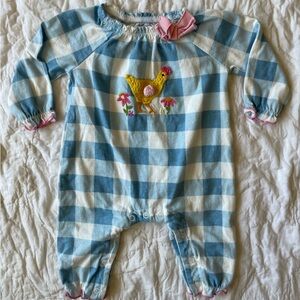 Baby Girl Blue Gingham Romper with embroidered Chicken